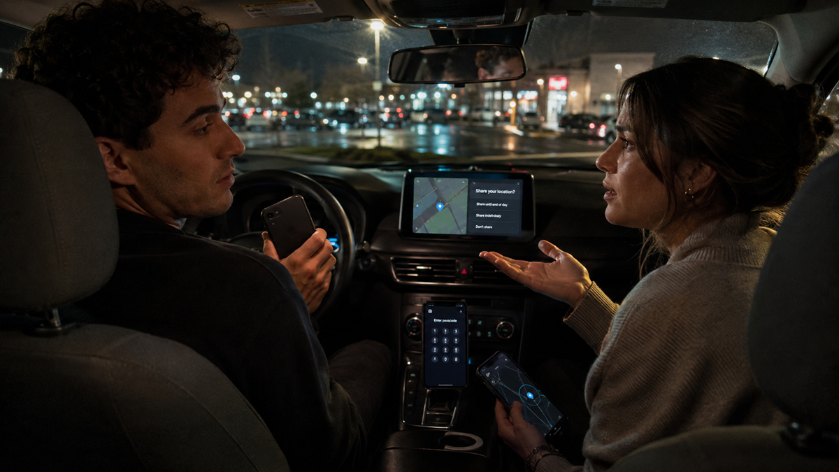 Two people sit in a car at night, looking at each other. The woman gestures with her hand while holding a phone; the man also holds a phone. The car’s dashboard displays a navigation screen.