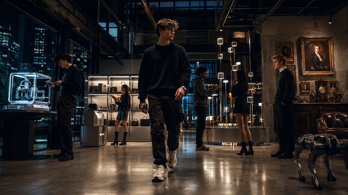 A stylish, modern showroom at night with people examining gadgets and technology displays, city lights visible through large windows, and a robotic dog on the polished floor.