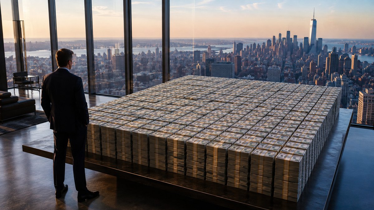 A man in a suit stands in a high-rise office, looking at a massive stack of money, with a city skyline and skyscrapers visible through large windows at sunset. Billionaire.
