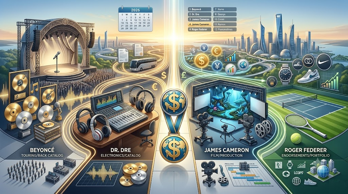 A split scene contrasts music, film, and sports industries using icons for Beyoncé, Dr. Dre, James Cameron, and Roger Federer, showing charts, awards, studios, stadiums, and financial symbols against a futuristic city.