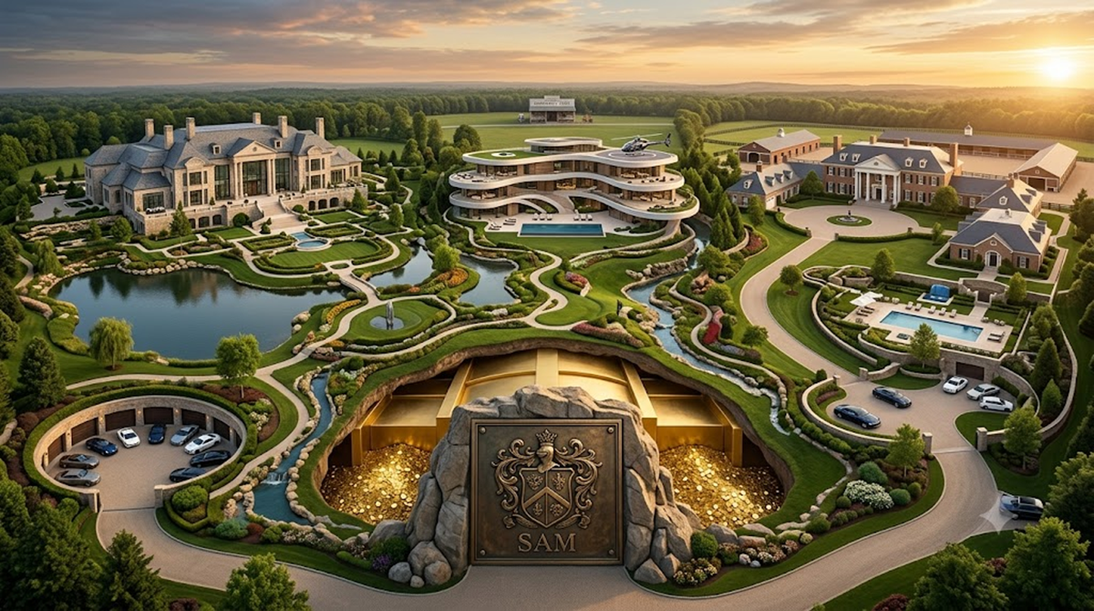 A luxurious mansion complex with landscaped gardens, ponds, garages, pools, and a large vault filled with gold coins under a rock engraved with the initials “SAM.” The scene is set at sunset.