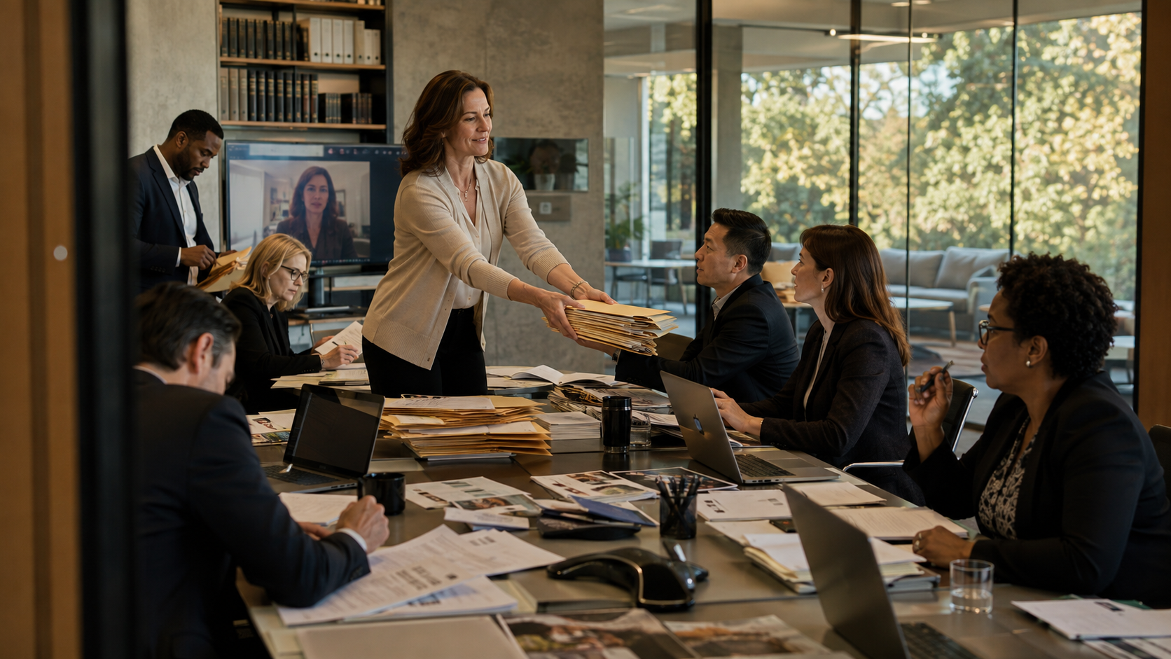 A woman hands out file folders to colleagues around a conference table. People are working on laptops and paperwork. A video call is displayed on a screen. Large windows show trees outside.