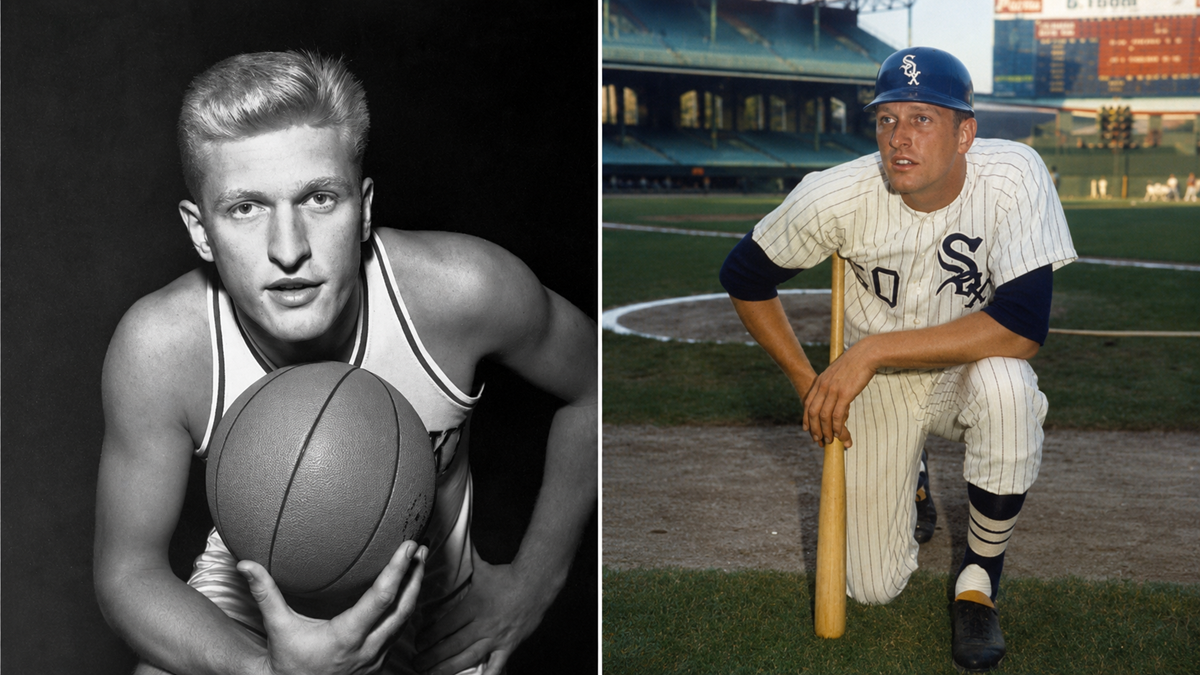 A black-and-white photo of a man holding a basketball, and a color photo of the same man in a baseball uniform kneeling on a baseball field with a bat.