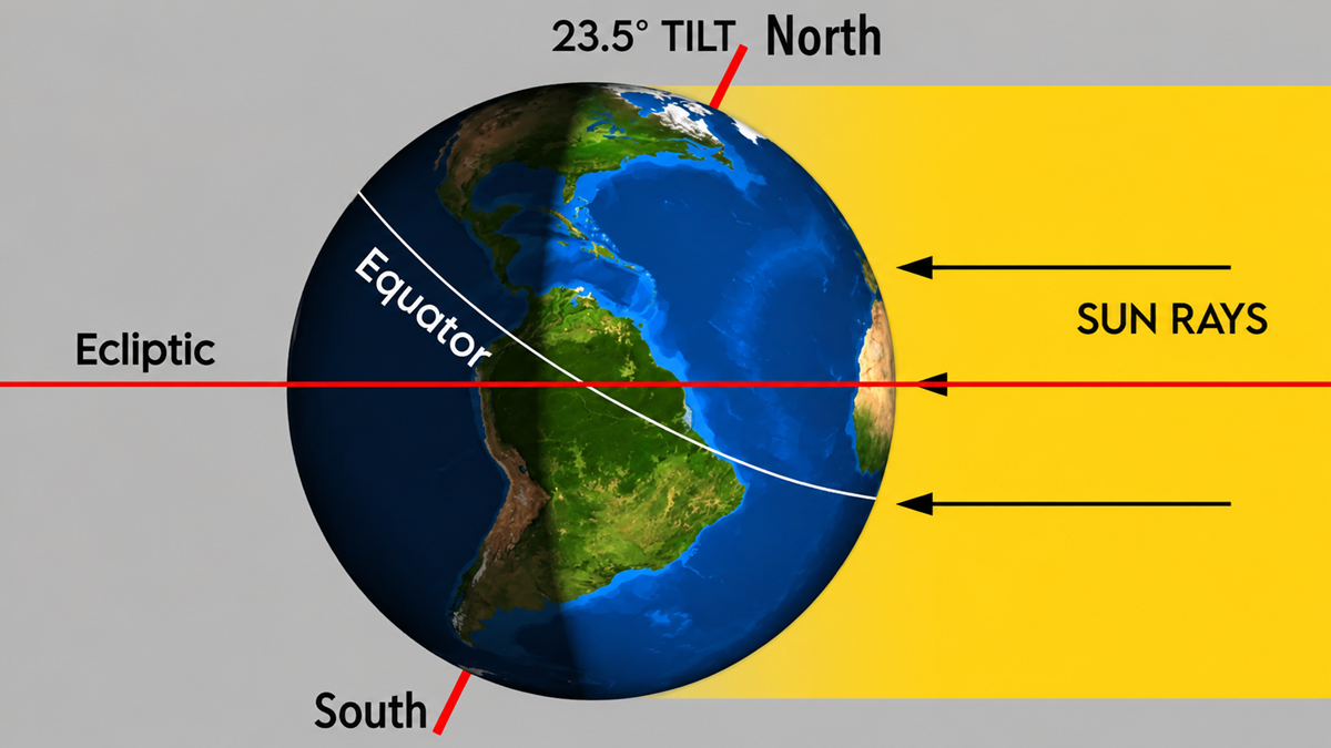 Diagram of Earth showing its 23.5° axial tilt, the equator, ecliptic, and directions of sun rays, with North and South labeled. Sun rays are shown striking Earth’s surface at an angle.