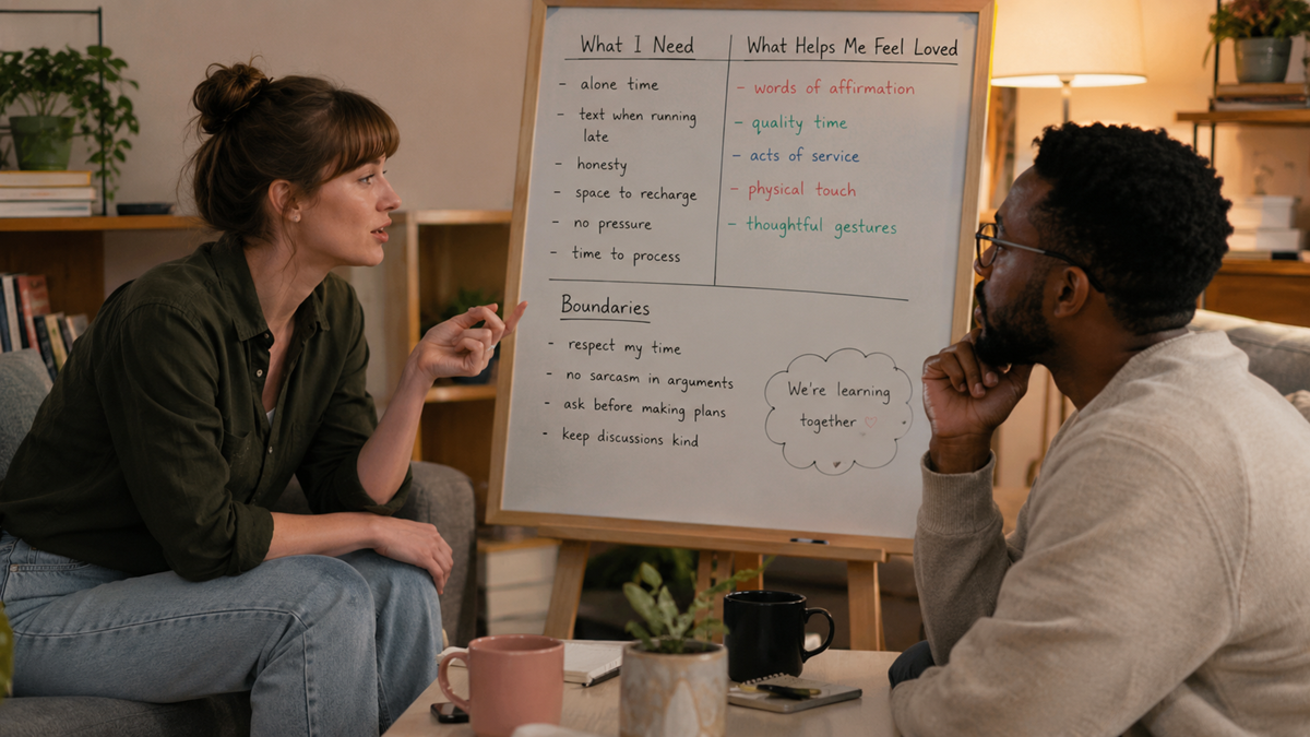 A woman and a man sit talking in a cozy room. Behind them is a whiteboard with lists titled “What I Need,” “Boundaries,” and “What Helps Me Feel Loved.” The mood appears calm and thoughtful.