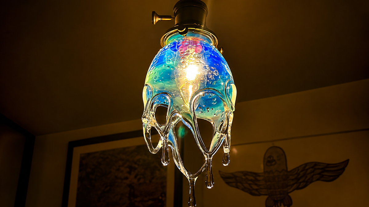 Colorful glass lampshade with a drippy, melted appearance, emitting warm light. The lamp hangs from the ceiling, with artwork visible on the wall in the background.