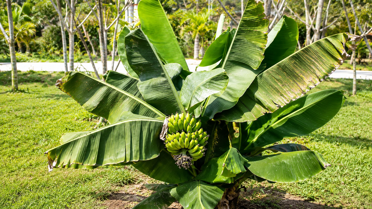A banana plant with large green leaves and a cluster of unripe green bananas growing in a grassy outdoor area.