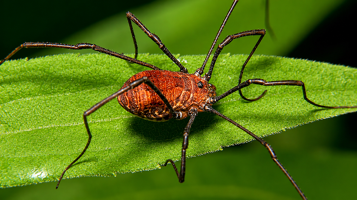 A close-up of a reddish-brown harvestman (also known as a daddy longlegs) on a green leaf, showing its long legs and textured body.
