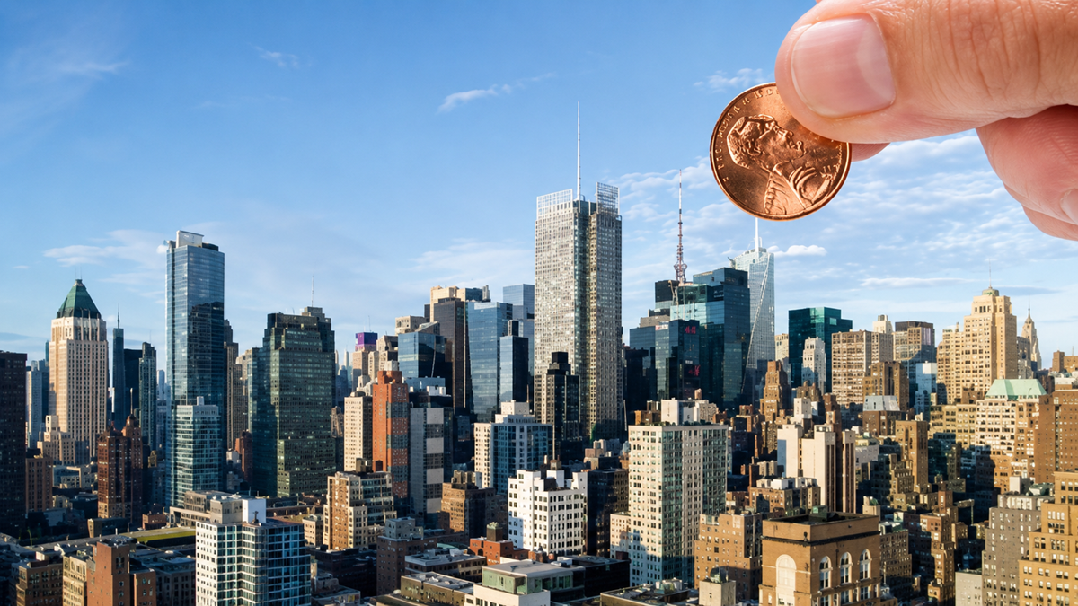 A hand holds a penny above a city skyline filled with tall skyscrapers under a blue sky, making the penny appear larger compared to the buildings below.