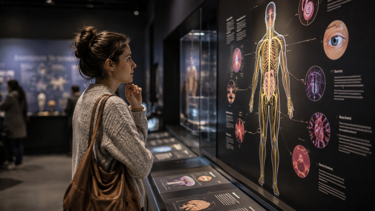 A woman stands in a museum exhibit, closely examining a large anatomical display of the human body with labeled organs and systems, surrounded by informational panels and diagrams.