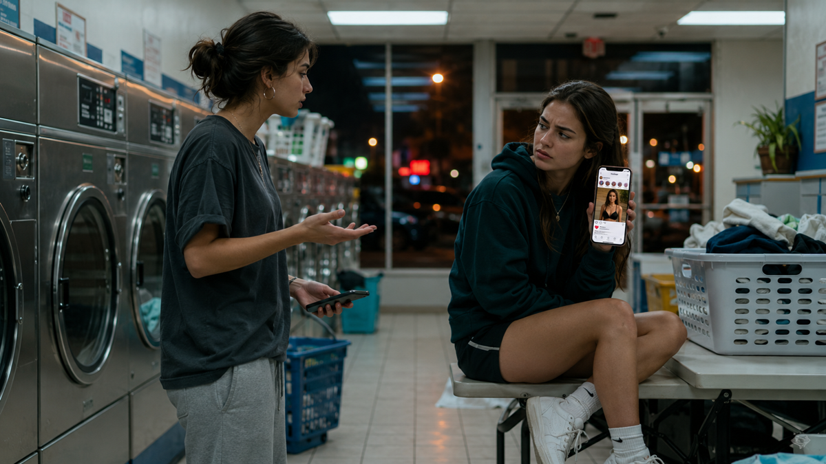 Two women in a laundromat argue; one stands holding a phone, the other sits on a table with laundry, showing a phone screen displaying a social media profile.