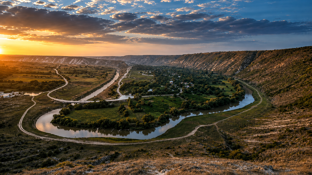A river winds through a lush green valley with scattered trees and a few houses, surrounded by hills at sunset. The sky is partly cloudy with warm sunlight.
