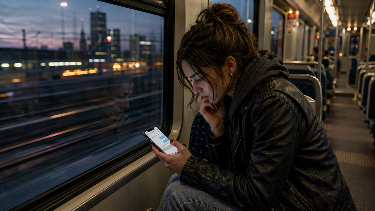 A woman in a black leather jacket sits by a window on a train at dusk, looking thoughtfully at her smartphone. City buildings and lights are visible outside the window as the train moves.
