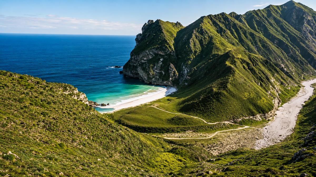 A winding path leads through lush green hills to a secluded sandy beach with turquoise waters, bordered by steep cliffs and the deep blue sea under a clear sky.
