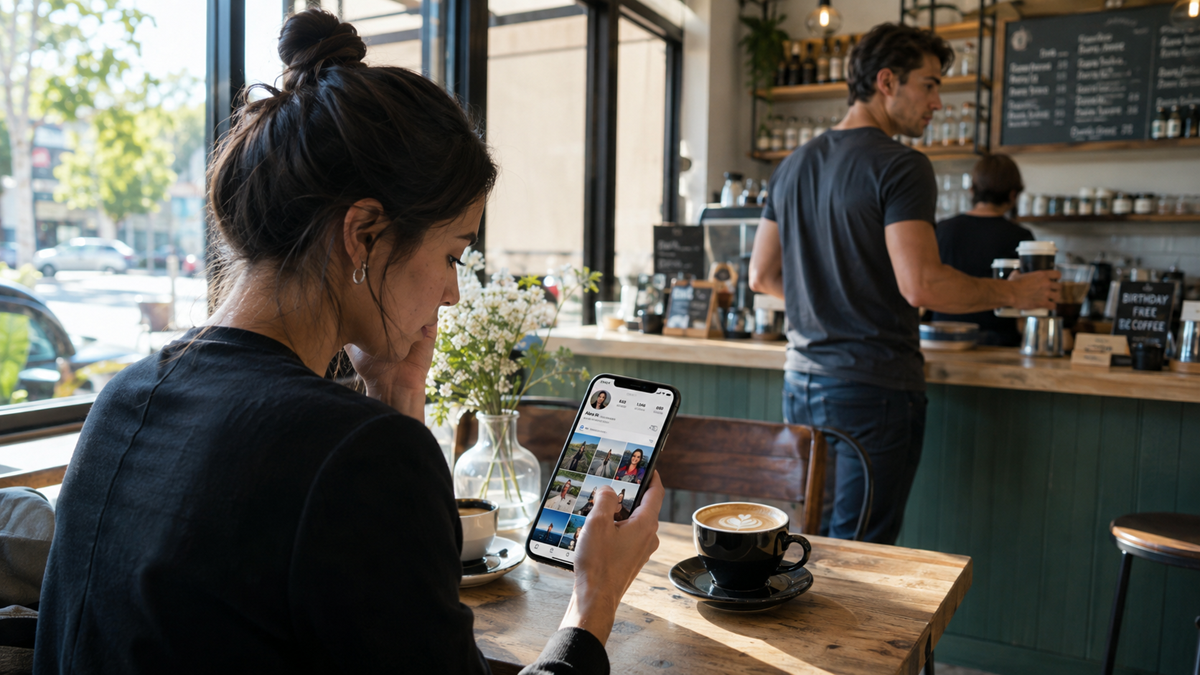 A woman sits at a café table drinking coffee and looking at a phone screen displaying a social media profile. A man is behind the counter making coffee. Sunlight streams through large windows. Flowers are on the table.