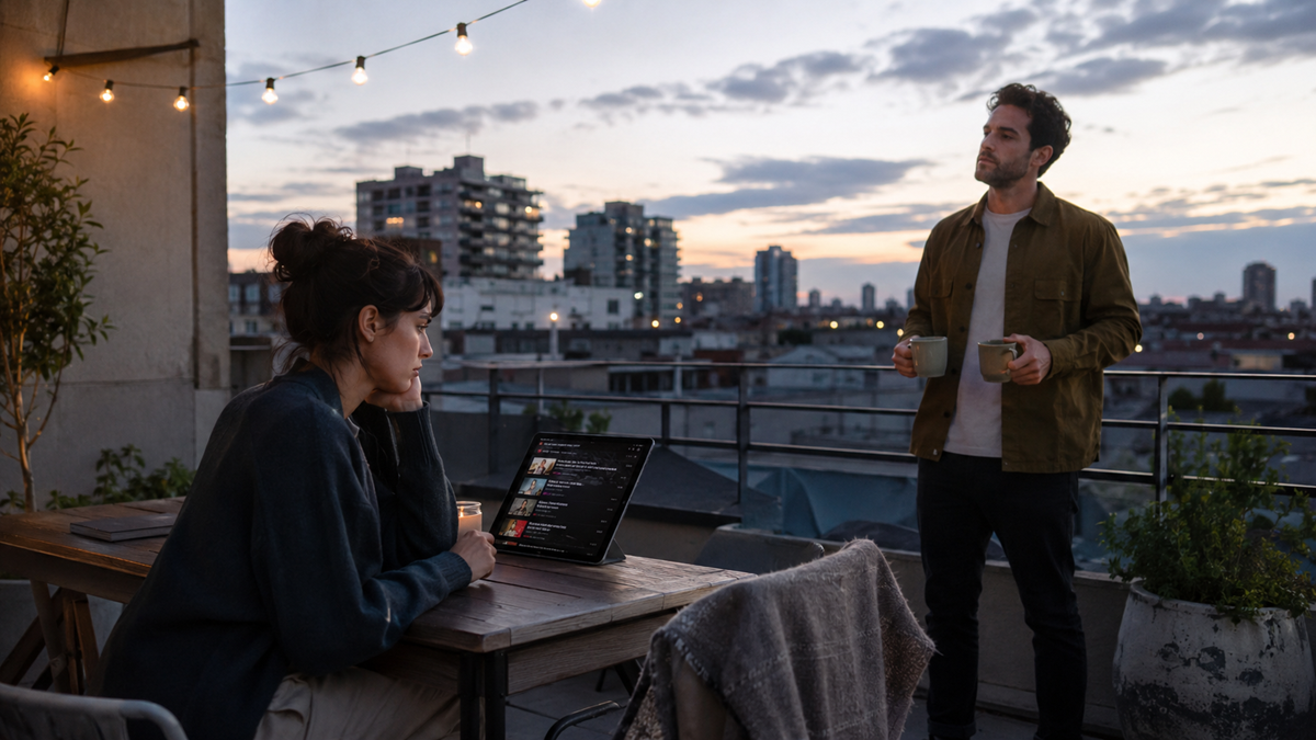 A woman sits at a rooftop table using a laptop while a man stands nearby holding two mugs. City buildings and string lights decorate the background at sunset.