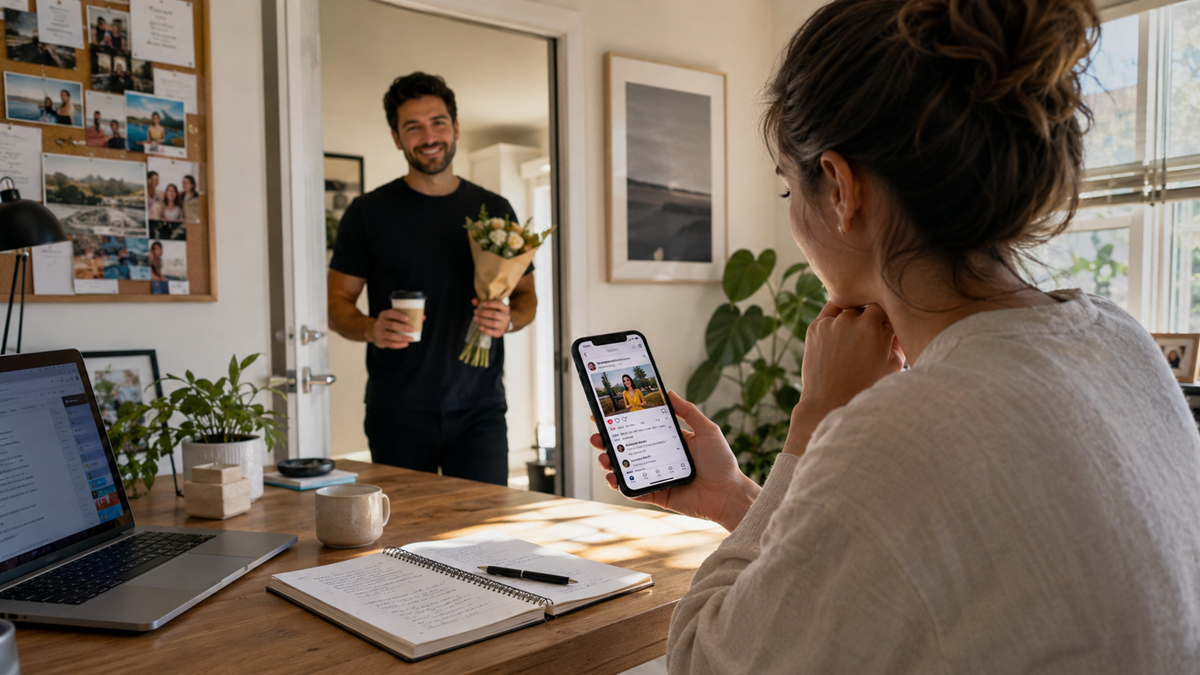 A man enters a room holding flowers and coffee, smiling at a woman sitting at a desk with a laptop, notebook, and phone, sunlight streaming through the window.