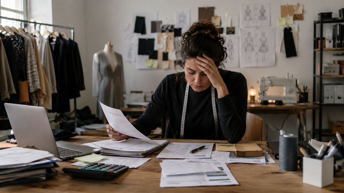 A woman in a sewing studio sits at a cluttered desk, looking stressed while holding paperwork. Patterns and clothes hang in the background, with a laptop, calculator, and sewing supplies on the table. business
