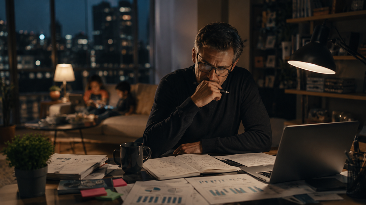 A man sits at a desk with papers, charts, and a laptop, concentrating on his work. In the background, two children are on a couch in a warmly lit living room with large city windows at night.
