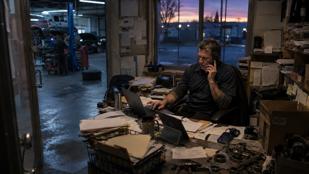 A man sits at a cluttered desk in an auto repair shop office, talking on the phone and working on a laptop. Papers and tools surround him, while the workshop with cars is visible through a window at sunset.