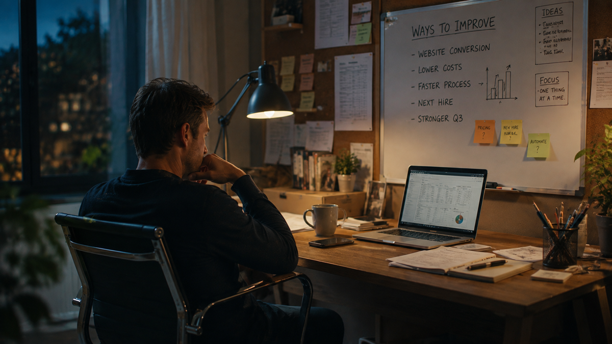 A man sits at a desk in a dimly lit office, looking at his laptop. Behind him is a whiteboard with notes on ways to improve, charts, and lists. The workspace is cluttered with papers, sticky notes, and a desk lamp.