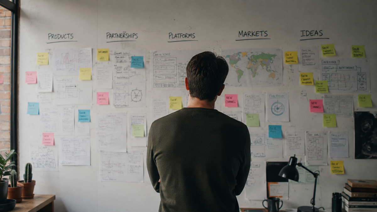A person stands facing a wall covered with notes, papers, and maps organized under categories like Products, Partnerships, Platforms, Markets, and Ideas. The workspace has a lamp and plants visible.