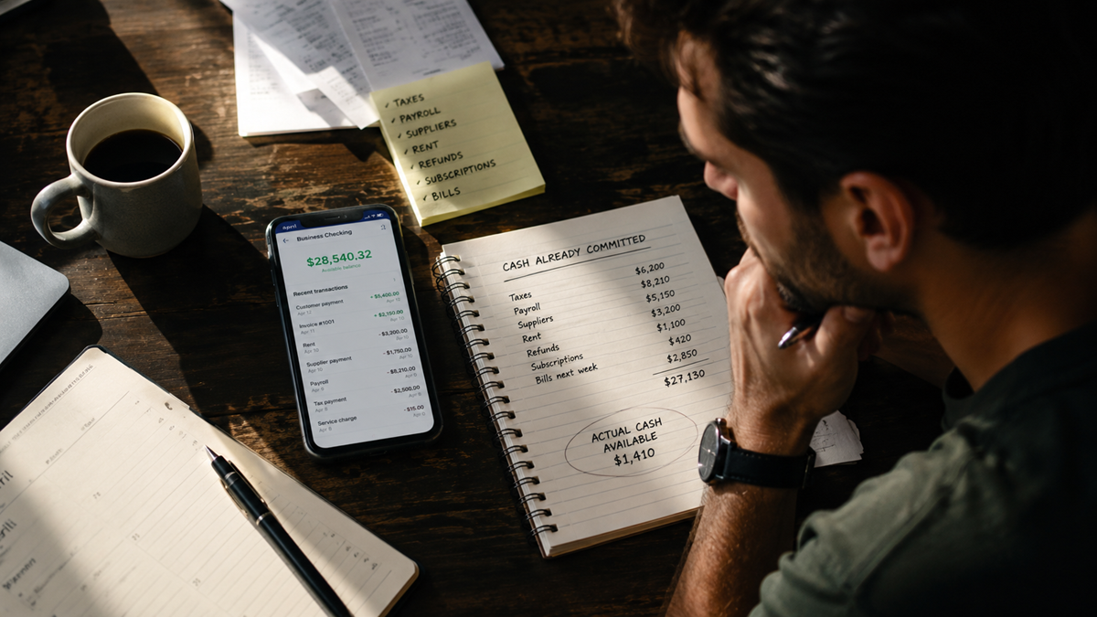 A person reviews finances at a desk with a notebook, phone displaying a bank app, coffee, and papers. A sticky note lists monthly expenses. The notebook details cash commitments and actual available funds.
