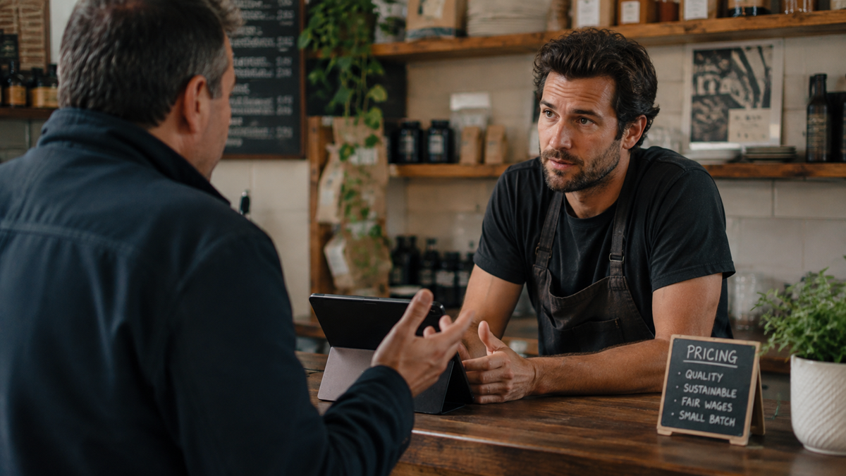 A barista in a black apron listens to a customer at a coffee shop counter. A small sign on the counter lists pricing factors like quality, sustainability, fair wages, and small batch.