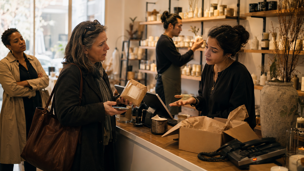 A woman at a shop counter talks to a cashier while holding a candle. Another customer waits behind her, and a person arranges items on shelves in the background. The shop is decorated with various jars and plants.