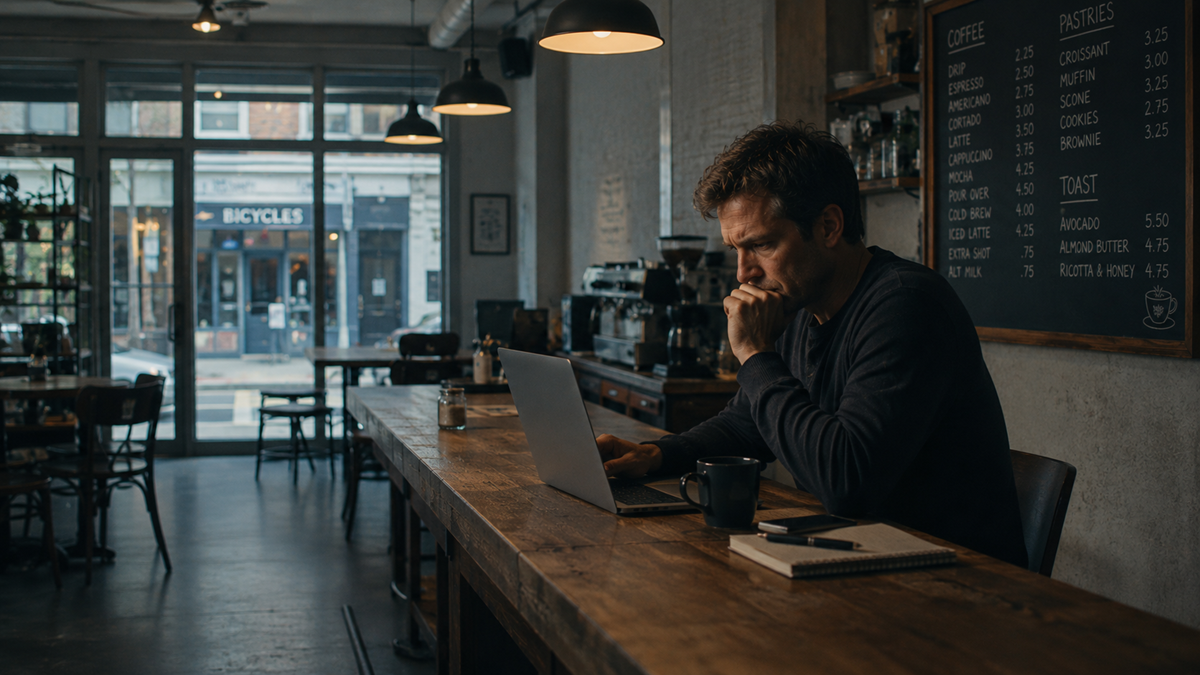 A man sits alone at a wooden table in a cozy café, working on a laptop with a notebook, pen, and cup beside him. The café has a chalkboard menu and large windows letting in natural light.