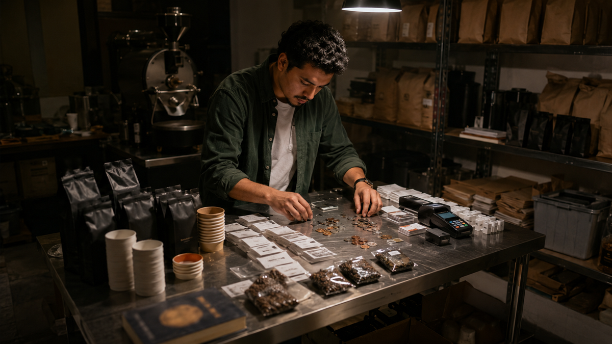 A man stands at a metal table in a coffee shop, sorting coins and counting money. Coffee bags, cups, and other supplies are organized on the table and shelves in the background. The room is dimly lit.