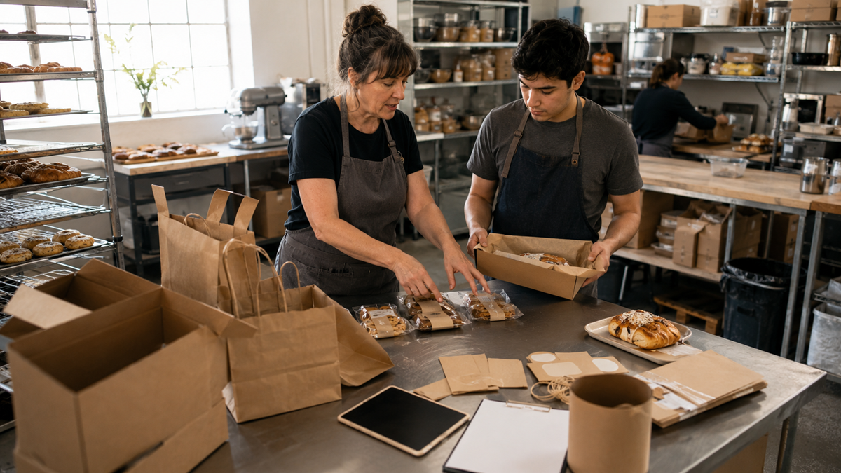 Two people in aprons pack baked goods into boxes and paper bags in a bakery kitchen. Shelves of pastries and packaging supplies are visible. A tablet and notepad sit on the stainless steel counter.