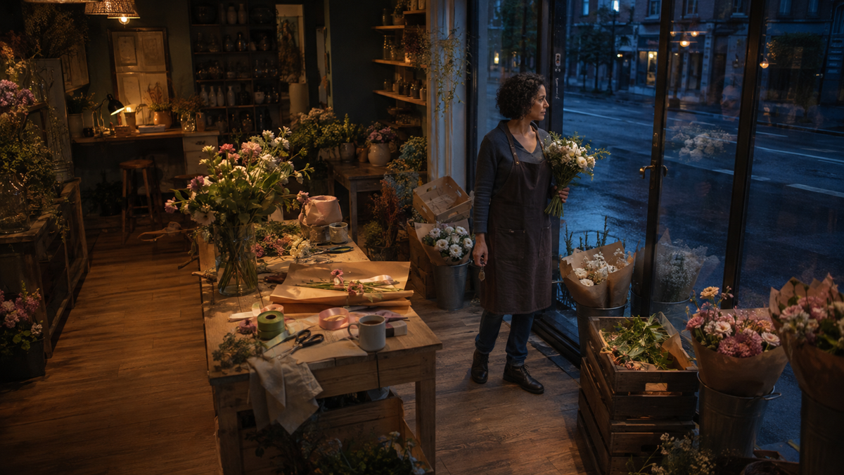 A florist stands in a cozy, dimly lit flower shop filled with bouquets and tools, gazing out the window at a rainy street.