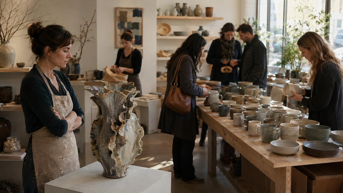 A woman in an apron stands beside a decorative ceramic vase in a pottery shop, while several people examine pottery pieces on wooden tables in a sunlit, modern studio.
