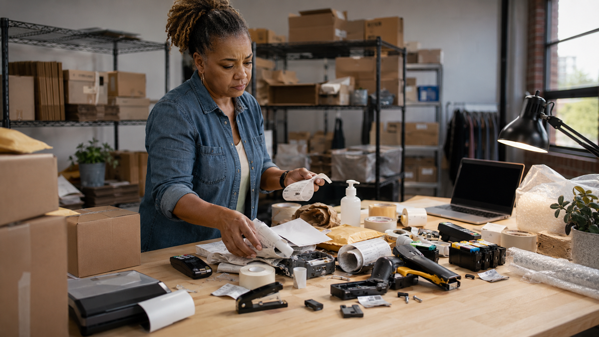 A woman stands at a worktable sorting various electronic device components and parts in a warehouse or workshop, with boxes and shelves in the background.