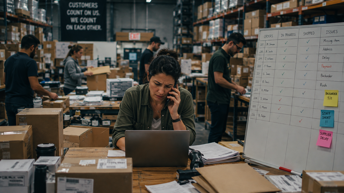 A woman talks on the phone and works on a laptop at a table with packages in a busy warehouse. Other staff sort boxes. A whiteboard tracks shipping progress and issues.