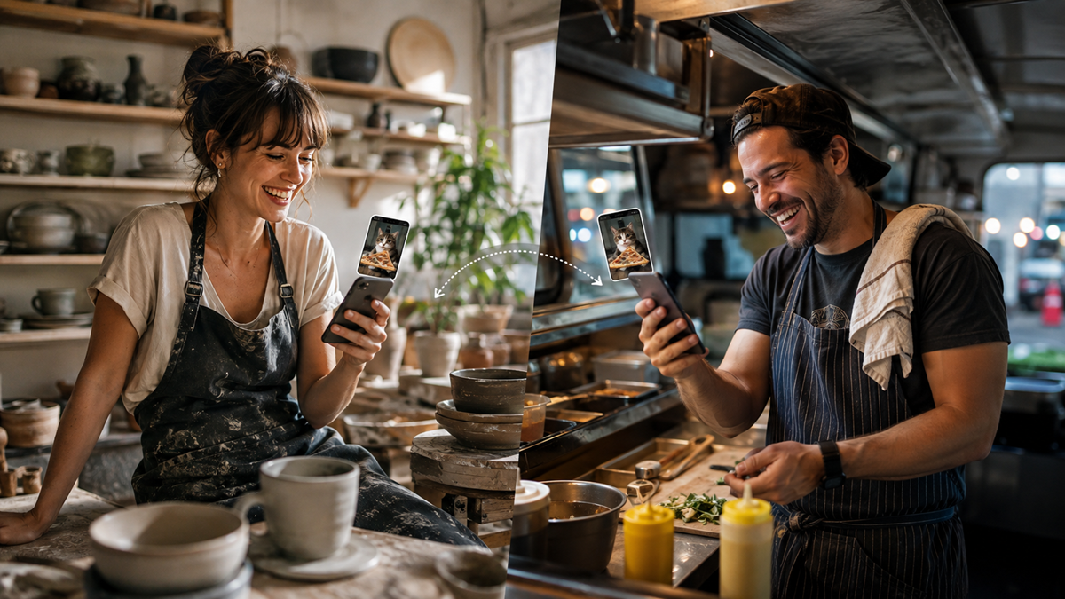 A woman and a man, each in their respective kitchens, smile while video chatting on their phones, sharing food photos and enjoying a lively conversation. Pottery and cooking supplies are visible around them.