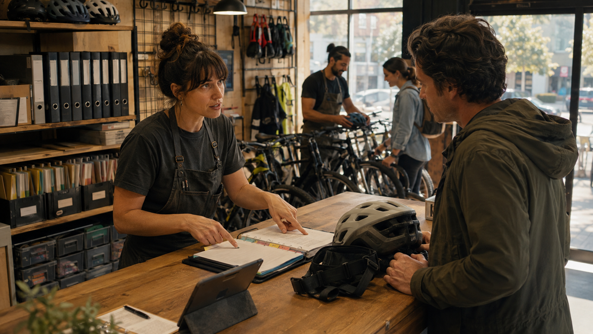 A woman behind a wooden counter talks to a man holding a bike helmet in a bike shop. Bikes, tools, and folders are visible in the background, and two people look at bikes near a sunlit window.