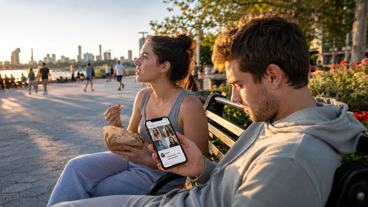 A man and woman sit on a park bench by the water at sunset. The man looks at a phone with a dating app open while the woman eats and looks at the view. Other people walk and relax nearby.