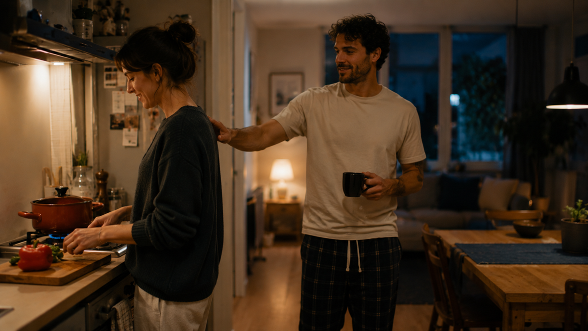 A woman is chopping vegetables in a cozy kitchen while a man in pajamas stands beside her, smiling and holding a coffee mug, with a warmly lit living room in the background.