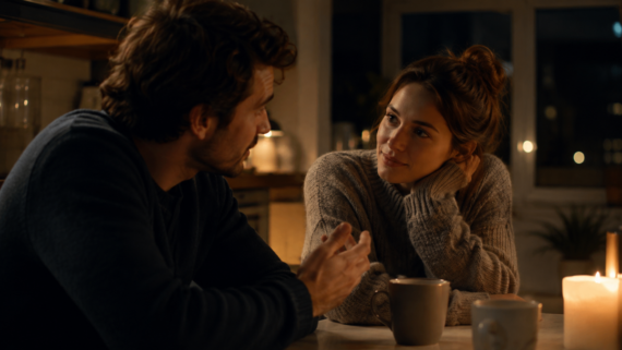 A man and woman sit at a kitchen table, talking closely by candlelight. The woman listens intently with her head resting on her hand, while the man gestures. Two mugs are on the table.