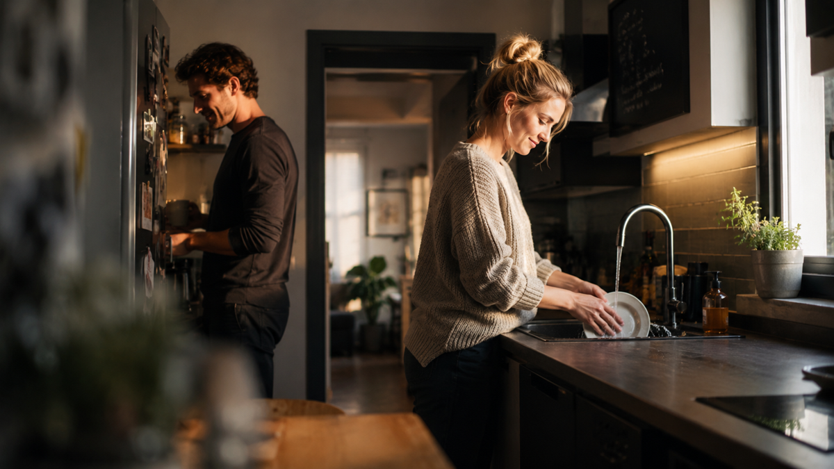 A woman washes dishes at a kitchen sink while a man stands nearby preparing food. The kitchen is warmly lit and has modern decor.