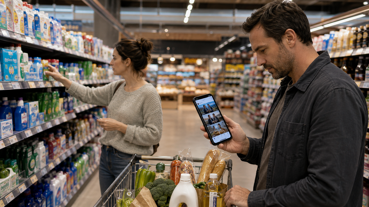 A man holds a smartphone near a grocery cart filled with food while a woman shops for items on a supermarket shelf.