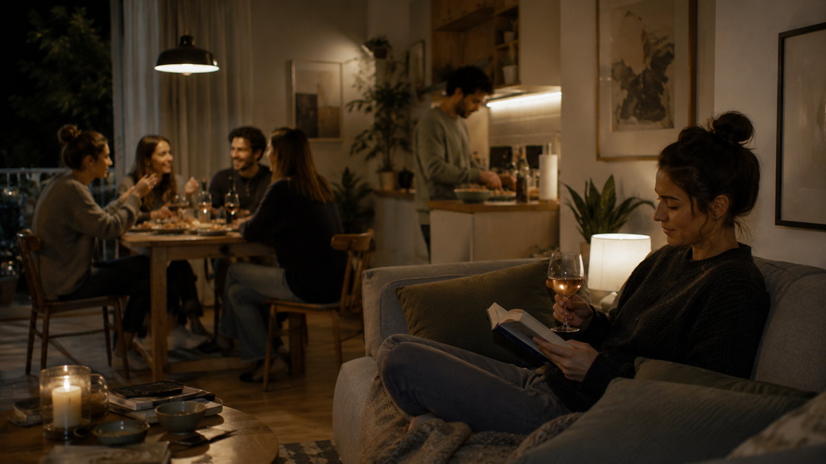 A woman reads a book and drinks wine on a sofa while four people enjoy dinner and conversation at a nearby table; another person prepares food in the kitchen. The room is warmly lit and cozy.