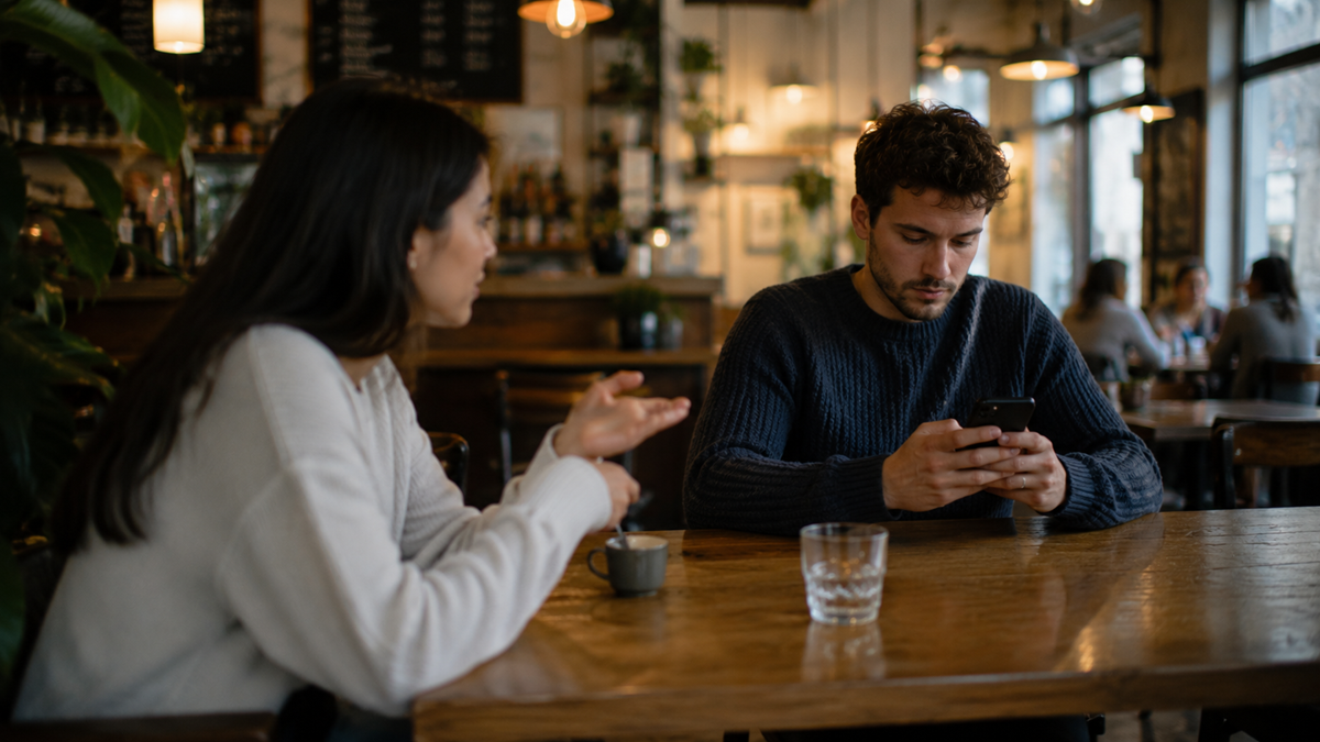 A woman gestures while talking to a man who looks at his phone, ignoring her, at a café table with drinks. The setting is cozy with warm lighting and décor.