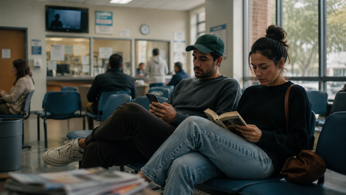 Two people sit in a waiting room; one reads a book and the other looks at a phone. Other people are seated in the background. The room has blue chairs, a reception desk, and a wall-mounted TV.
