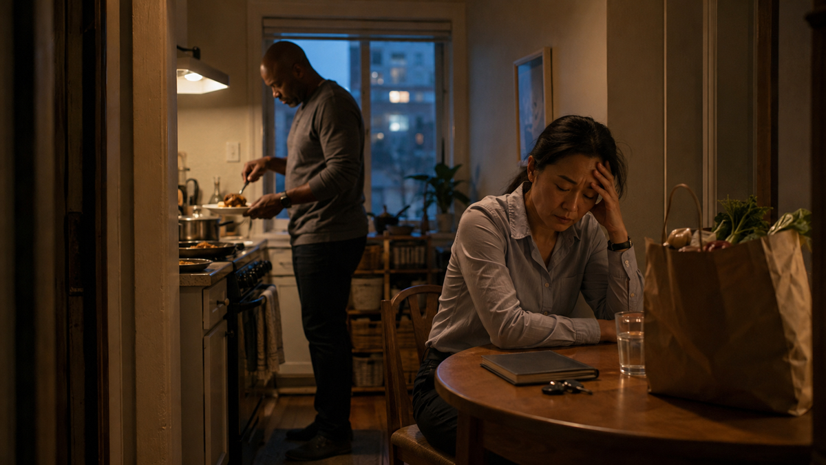 A woman sits at a table looking stressed, with her hand on her forehead. There is a glass of water, notebook, and groceries nearby. In the background, a man cooks at the stove in a dimly lit kitchen.