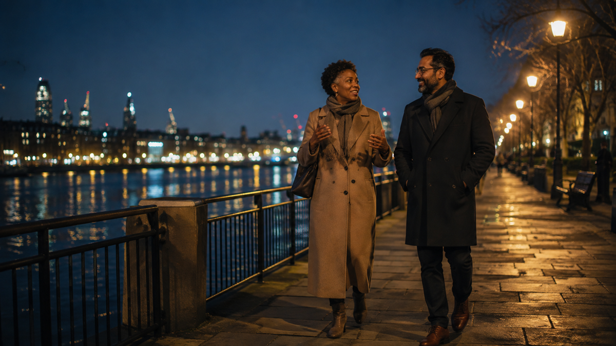 Two people walk and talk along a city riverside promenade at night, dressed in coats and scarves. City lights and skyscrapers reflect on the water in the background.