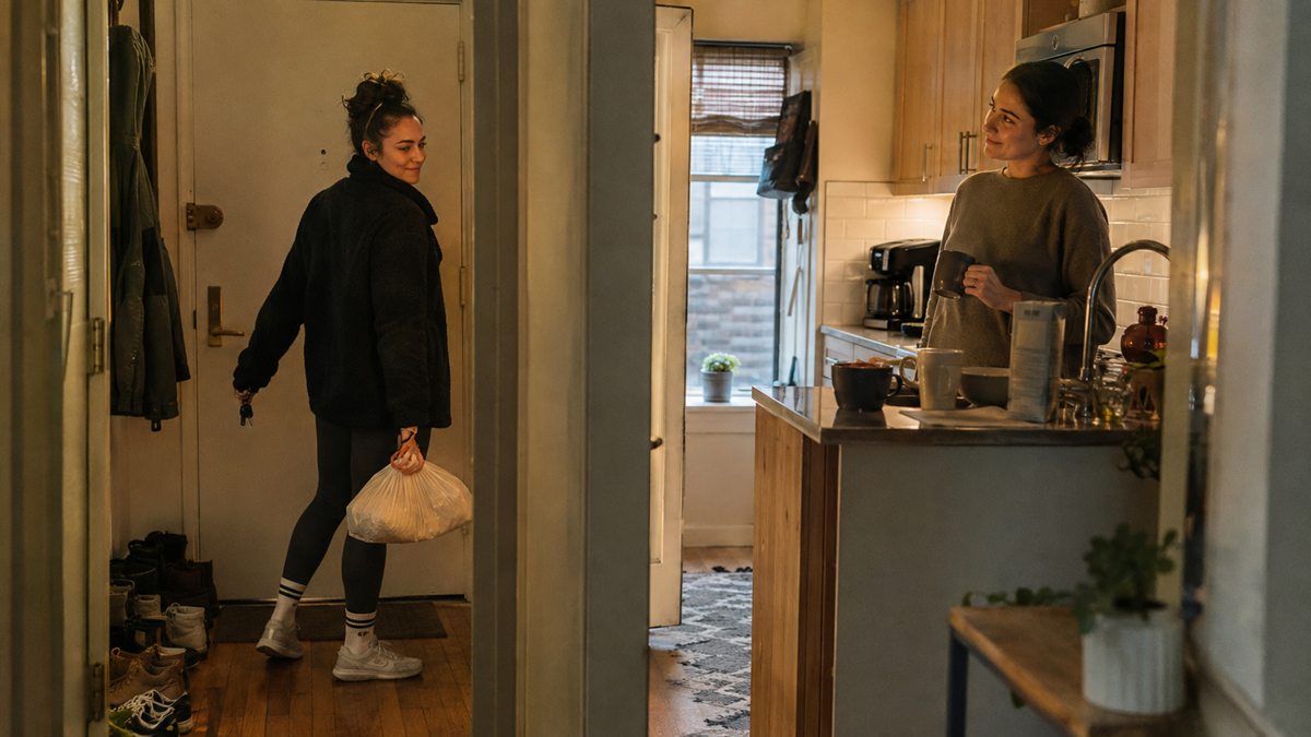 A woman enters an apartment holding a bag of groceries while another woman stands in the kitchen, smiling and talking to her. The hallway is lined with shoes, and sunlight comes through the window.