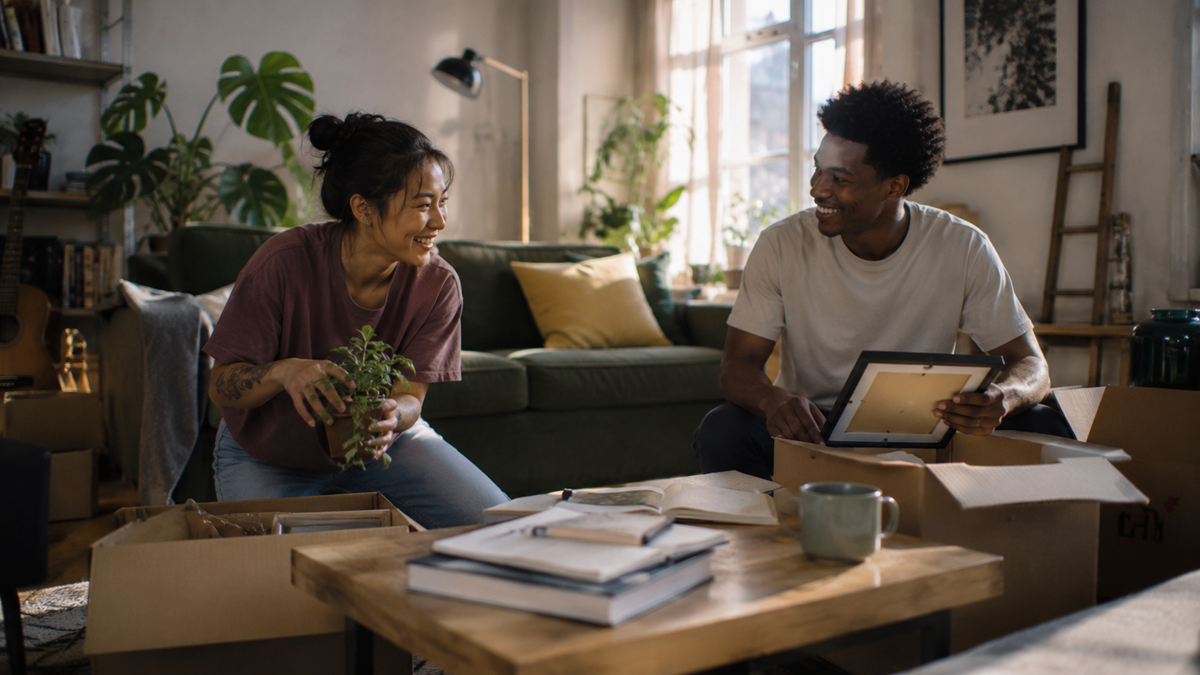 A woman holding a potted plant and a man holding a picture frame smile at each other while unpacking boxes in a cozy living room.